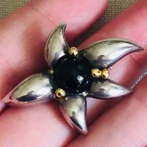 Tiffany & Co 925 18K Gold Onyx Flower Brooch
